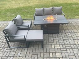 Fimous Aluminium Outdoor Garden Furniture Set Gas Fire Pit Dining Table Set Gas Heater Burner with Chair Big Footstool Dark Grey 6 Seater - thumbnail 2