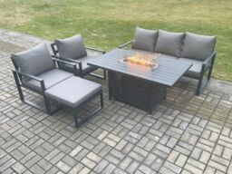 Fimous Aluminium Outdoor Garden Furniture Set Gas Fire Pit Dining Table Set Gas Heater Burner with Chair Big Footstool Dark Grey 6 Seater - thumbnail 1