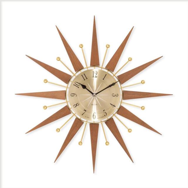 Acctim Wolcott Wall Clock Sunburst Mid-century Metal & Wooden Spoke 50cm in Dark Brown - image 1