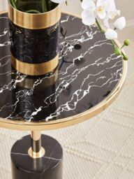 Orsina Metallic End Table, Black Marble Round Side Table With Gold Stainless Steel Frame, T-Shape Pedestal Table - thumbnail 5