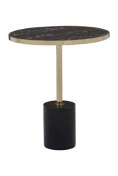 Orsina Metallic End Table, Black Marble Round Side Table With Gold Stainless Steel Frame, T-Shape Pedestal Table