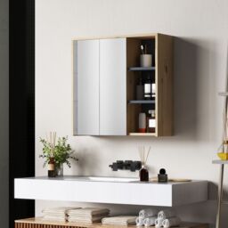 HOMCOM Bathroom Cabinet Wall Mounted Mirror Storage with Shelves Natural - thumbnail 1
