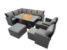 Fimous Rattan Outdoor Patio Gas Firpit Table Sofa Set with 3 Stools 2 Chairs in Dark Grey - thumbnail 2