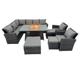 Fimous Rattan Outdoor Patio Gas Firpit Table Sofa Set with 3 Stools 2 Chairs in Dark Grey - thumbnail 1