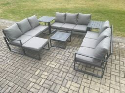 Fimous Aluminium 10 Seater Outdoor Garden Furniture Set Patio Lounge Sofa with Coffee Table 2 Side Tables Big Footstool Conservatory Set in Dark Grey - thumbnail 2
