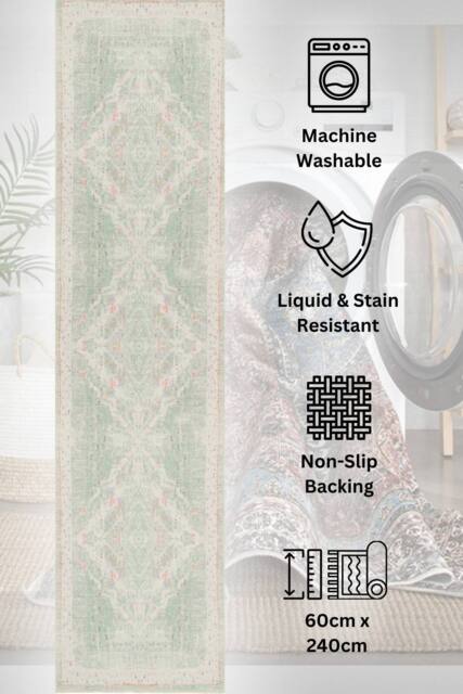 Kukoon Washable Runner Rug Green Vintage Long Hallway Carpet Mat 60cm x 240cm in Light Green - Size: 60 cm x 240 cm - image 1