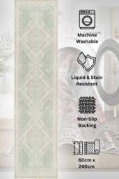 Kukoon Washable Runner Rug Green Vintage Long Hallway Carpet Mat 60cm x 240cm in Light Green - Size: 60 cm x 240 cm - thumbnail 1