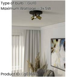 Loops Stylish Black & Brushed Brass Triple Round LED Ceiling Spotlight - thumbnail 2