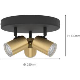 Loops Stylish Black & Brushed Brass Triple Round LED Ceiling Spotlight - thumbnail 4