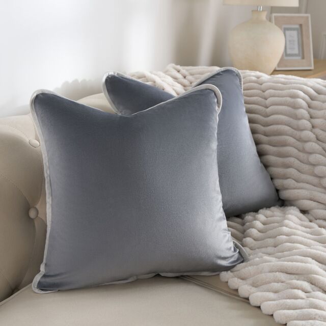 OHS 2 x Piped Edge Matte Velvet Cushion Covers Square Pillowcases in Charcoal - Size: 45 cm x 45 cm - image 1