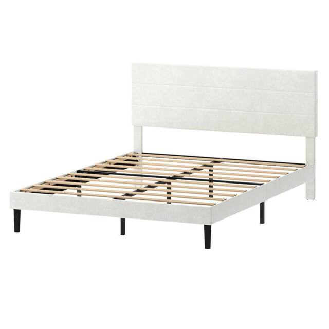 Levede King Bed Frame Upholstered Headboard Platform Velvet Foam White Fabric - image 1