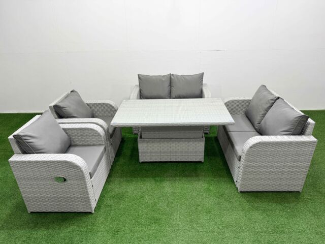 Fimous 6 Seater Outdoor Reclining Chair Love Sofa Set Rattan Garden Furniture Set with Adjustable Lifting Dining or Coffee Table Light Grey - image 1