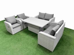 Fimous 6 Seater Outdoor Reclining Chair Love Sofa Set Rattan Garden Furniture Set with Adjustable Lifting Dining or Coffee Table Light Grey - thumbnail 2