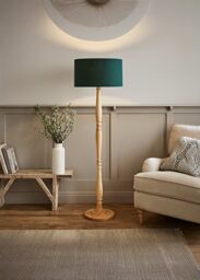 ValueLights Victoria Light Wood Traditional Stem Floor Lamp with Fabric Drum Shade in Green - thumbnail 1