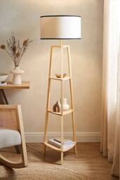 ValueLights Hiru Wooden 3 Tier Shelf Floor Lamp with Trimmed Linen Drum Shade in Black - thumbnail 1