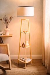 ValueLights Hiru Wooden 3 Tier Shelf Floor Lamp with Trimmed Linen Drum Shade in Black - thumbnail 2
