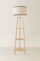 ValueLights Hiru Wooden 3 Tier Shelf Floor Lamp with Trimmed Linen Drum Shade in Black - thumbnail 3