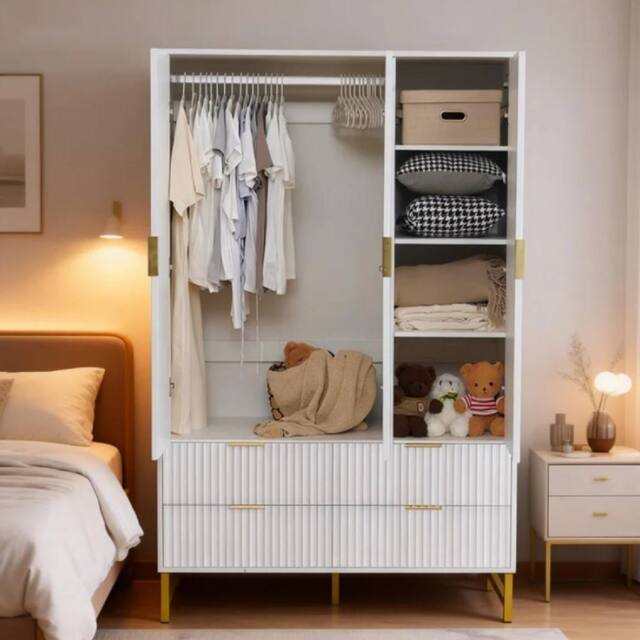 FURNITURE ONE 3-Doors Wardrobe Cabinet with 4 Drawers in White - Size: Large - image 1