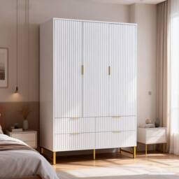 FURNITURE ONE 3-Doors Wardrobe Cabinet with 4 Drawers in White - Size: Large - thumbnail 7