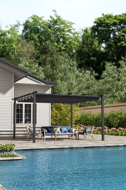 H&O Direct 13x13ft or 20x10ft Aluminum Patio Pergola with Canopy in Grey - Size: Small