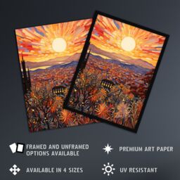 Artery8 Wall Art Print LA California Sunrise Over San Gabriel & San Bernardino Mountains Artwork Painting Art Framed in Orange - Size: A4 - thumbnail 2