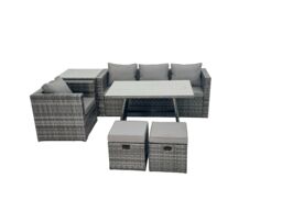 Fimous Rattan Dining Table Sofa Set with Side Table Small Footstool Outdoor in Dark Grey - thumbnail 1