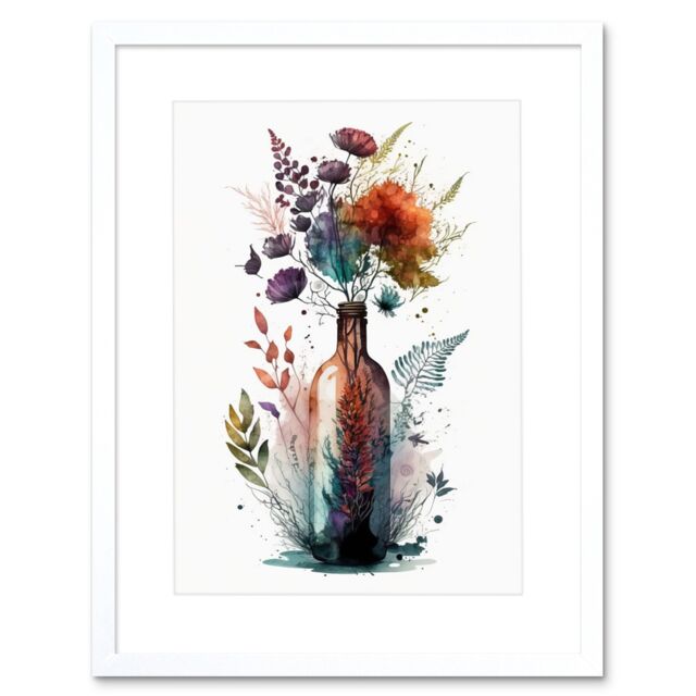 "Artery8 Wall Art Print Wine Bottle with Spring Wildflower Floral Bouquet Artwork Framed 9X7 Inch in White - Size: W7"" x H9""" - image 1