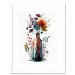 "Artery8 Wall Art Print Wine Bottle with Spring Wildflower Floral Bouquet Artwork Framed 9X7 Inch in White - Size: W7"" x H9""" - thumbnail 1