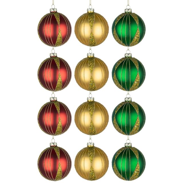 Shatchi Christmas Baubles 12pcs Set - 8cm Red, Gold & Green Glass Ornaments with 3 Assorted Designs - image 1