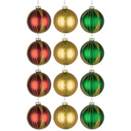 Shatchi Christmas Baubles 12pcs Set - 8cm Red, Gold & Green Glass Ornaments with 3 Assorted Designs