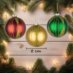Shatchi Christmas Baubles 12pcs Set - 8cm Red, Gold & Green Glass Ornaments with 3 Assorted Designs - thumbnail 2