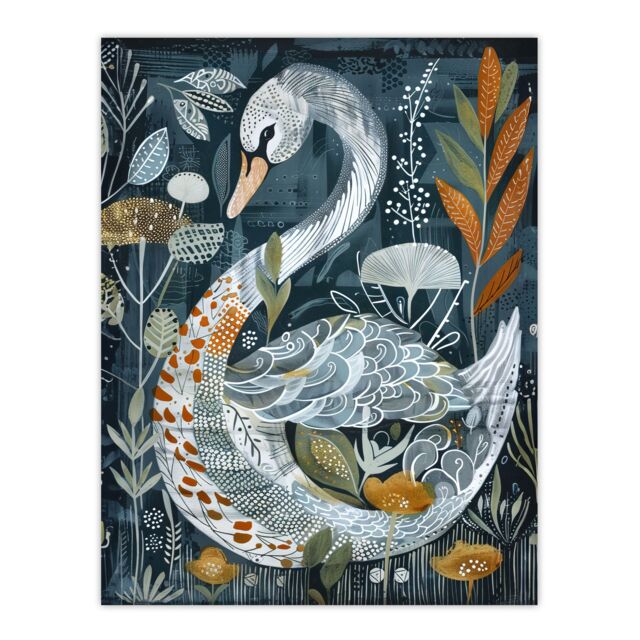 "Artery8 Stylised Nature Pattern Swan Folk Art Painting Wall Art Print in Blue - Size: W24"" x H32""" - image 1