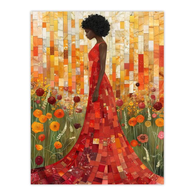 "Artery8 Wildflower Meadow Woman Flower Mosaic Collage Wall Art Print in Orange - Size: W24"" x H32""" - image 1