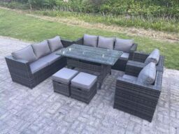 Fimous Outdoor Lounge Sofa Garden Furniture Set Patio Rattan Dining Table 2 Armchair 2 Stools 10 Seater in Dark Grey - thumbnail 1
