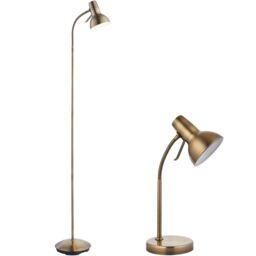 Loops Standing Floor & Table Lamp Set Antique Brass Adjustable Neck Living Room Light in Metallics