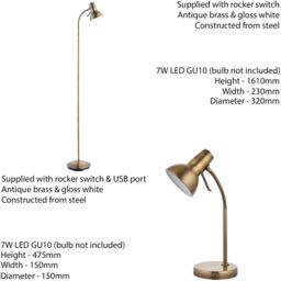 Loops Standing Floor & Table Lamp Set Antique Brass Adjustable Neck Living Room Light in Metallics - thumbnail 2