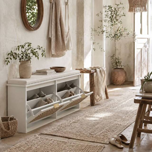 Wyld Haus Hano White Boho Shoe Bench Cushioned Seat & 2 Flip Drawers - image 1