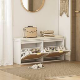 Wyld Haus Hano White Boho Shoe Bench Cushioned Seat & 2 Flip Drawers - thumbnail 3