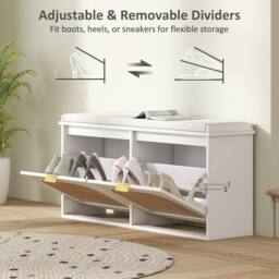 Wyld Haus Hano White Boho Shoe Bench Cushioned Seat & 2 Flip Drawers - thumbnail 8