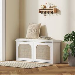 Wyld Haus Hano White Boho Shoe Bench Cushioned Seat & 2 Flip Drawers - thumbnail 9