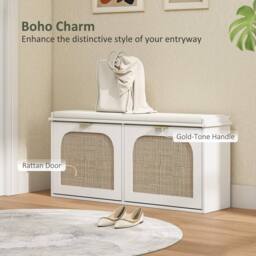 Wyld Haus Hano White Boho Shoe Bench Cushioned Seat & 2 Flip Drawers - thumbnail 5