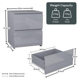 Kelvenix Grey-2 Drawer Gloss Bedside Chest Storage Cabinet in Grey - Size: 100 cm - thumbnail 2