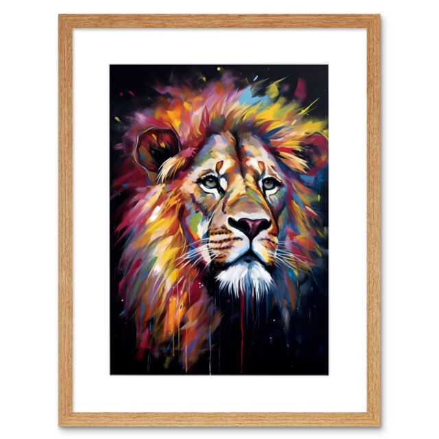 "Artery8 Wall Art Print Lion Head Oil Painting Rainbow Colour Mane Hair Vibrant Portrait Artwork Framed 9X7 Inch in Beige - Size: W7"" x H9""" - image 1