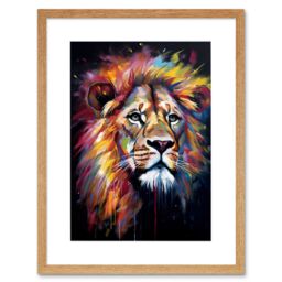 "Artery8 Wall Art Print Lion Head Oil Painting Rainbow Colour Mane Hair Vibrant Portrait Artwork Framed 9X7 Inch in Beige - Size: W7"" x H9""" - thumbnail 1