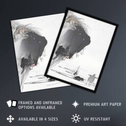 "Artery8 Two Turtles 1890 Ink Painting Retro Japan Wall Art Print Tsukioka in Grey - Size: W24"" x H32""" - thumbnail 2