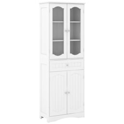 Gymax 160cm Tall Bathroom Cabinet With 2 Glass Doors & Adjustable Shelves in White - thumbnail 1