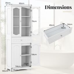 Gymax 160cm Tall Bathroom Cabinet With 2 Glass Doors & Adjustable Shelves in White - thumbnail 2