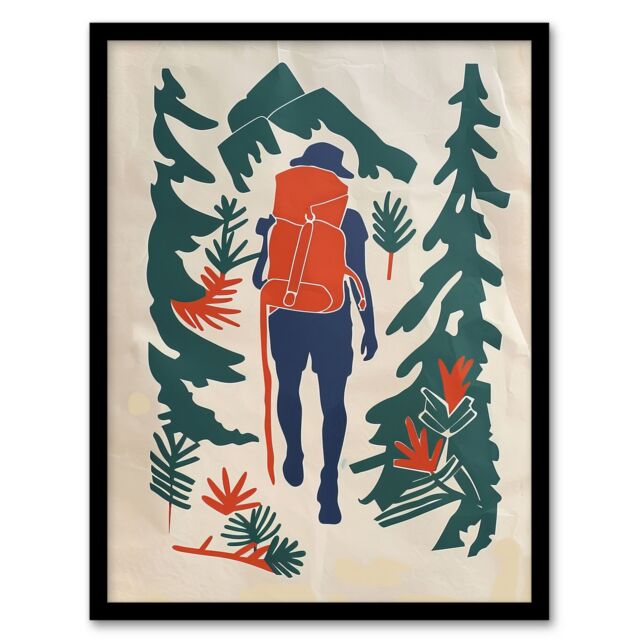 Artery8 Forest Hiking Green Blue Orange Upcycle Painting Framed Art Print in Beige - Size: A4 - image 1