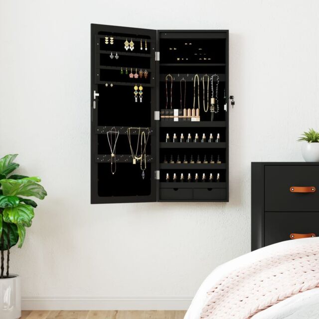 Berkfield Home Mirror Jewellery Cabinet with LED Lights Wall Mounted Black - image 1