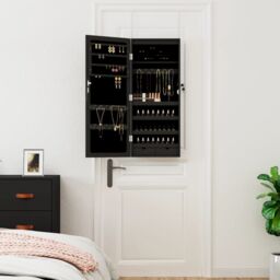 Berkfield Home Mirror Jewellery Cabinet with LED Lights Wall Mounted Black - thumbnail 3